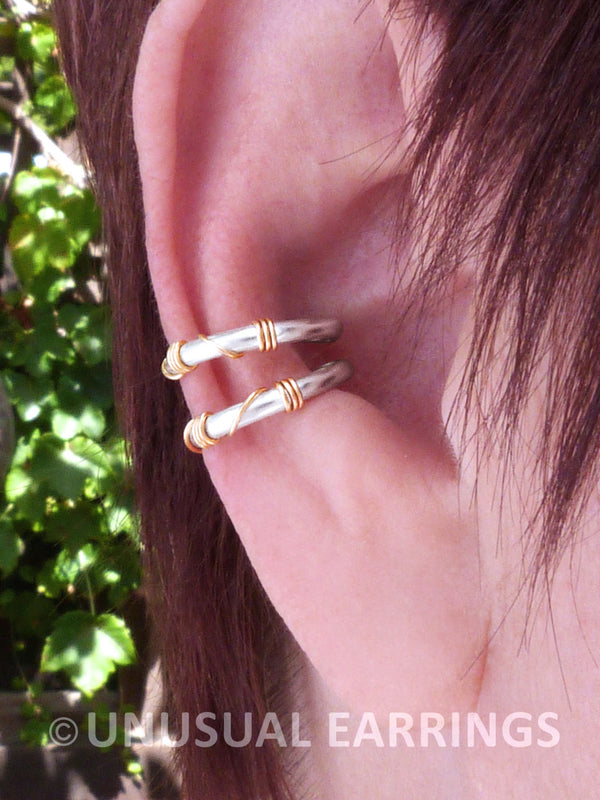 Yolo, Sterling Silver double earcuff with gold wrap