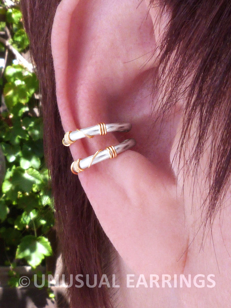 Yolo, Sterling Silver double earcuff with gold wrap